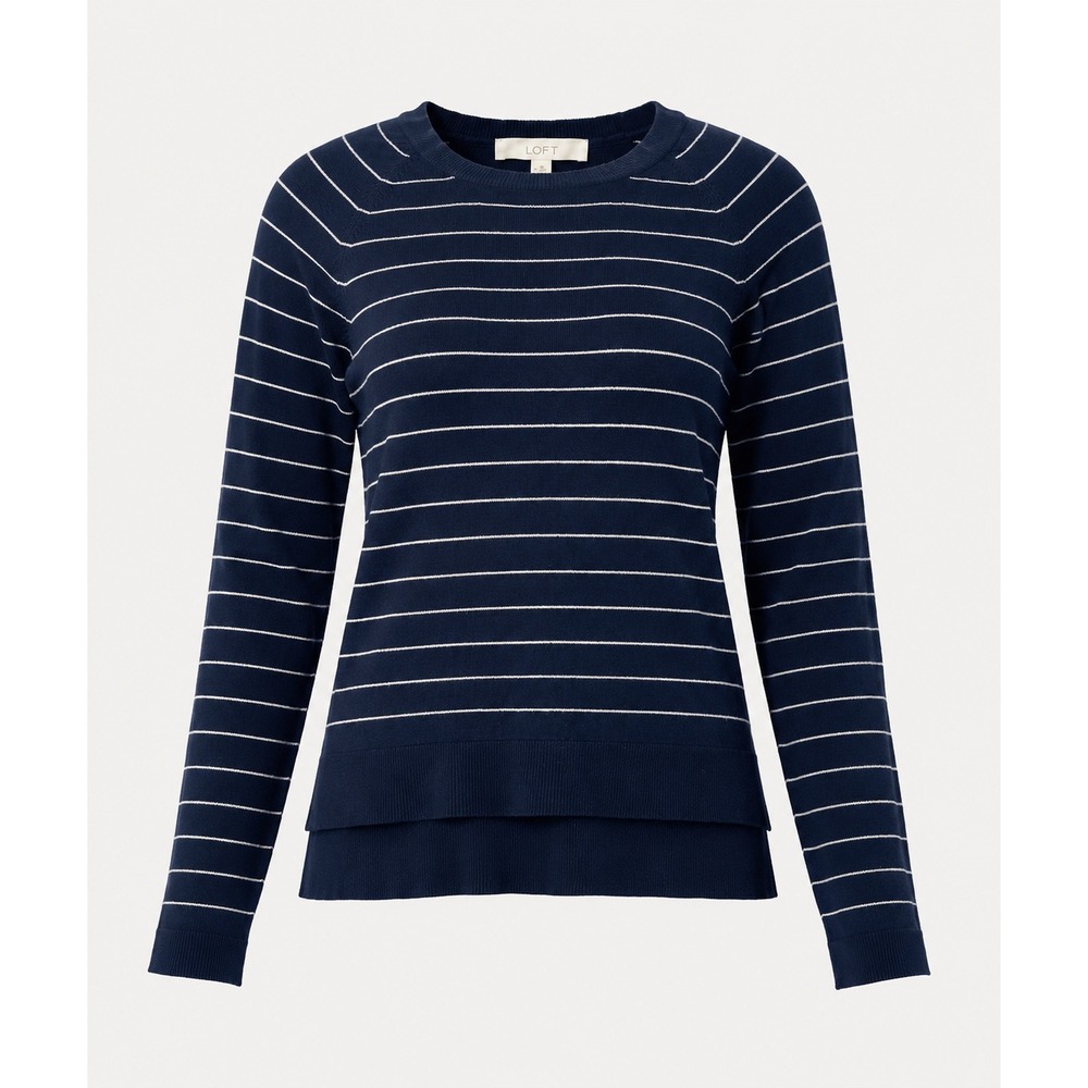 LOFT Navy Blue White Striped Raglan Sleeve Double Hem Crew Neck Sweater Small